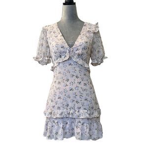 Sweet Spot Women's Floral Tiered Mini Dress Size 8 Blue Party V-Neck Fancy Love